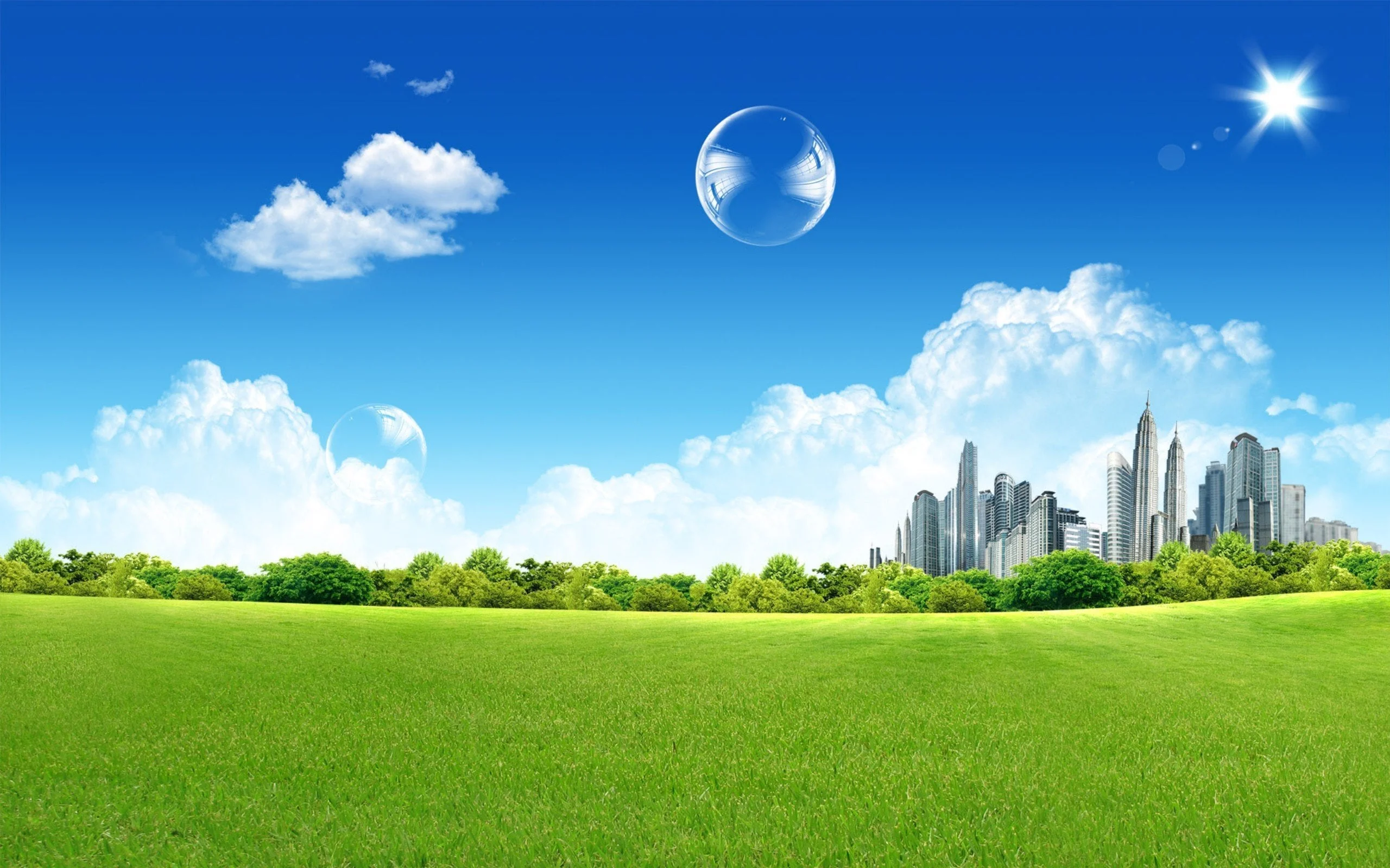 A composite image featuring a vibrant green grassy field in the foreground, a line of lush trees in the middle ground, and a modern city skyline with skyscrapers in the background under a bright blue sky with white clouds and a shining sun, with several soap bubbles floating in the air.