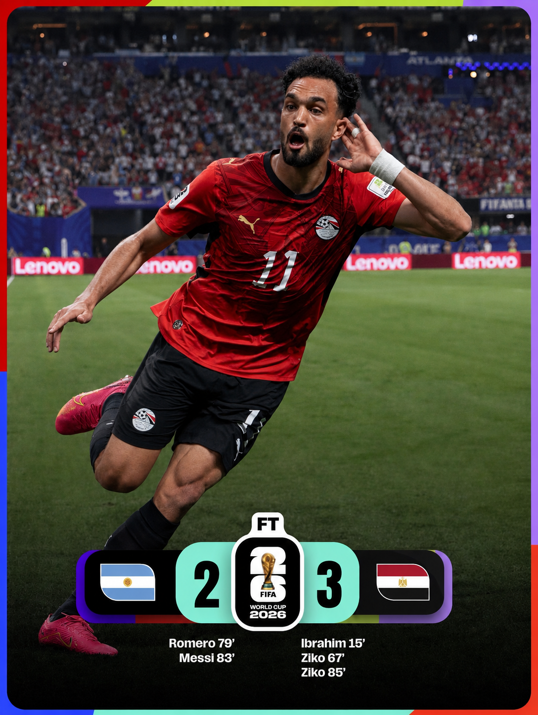 A soccer player in a red Egypt jersey celebrating, with a full-time scoreboard showing Argentina 2, Egypt 3 at the 2026 FIFA World Cup.
